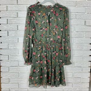 NWT Drew Floral Print High Neck Ruffle Smocked Chiffon Mini Dress Green Small
